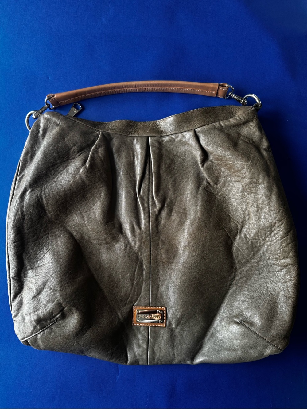 Patrizia Pepe Olive Brown Leather Shoulder Bag with Tan Handle
